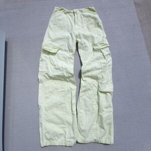 Zara Women's High Rise Pockets Cargo Pants Light Lime 100% Cotton Size 0